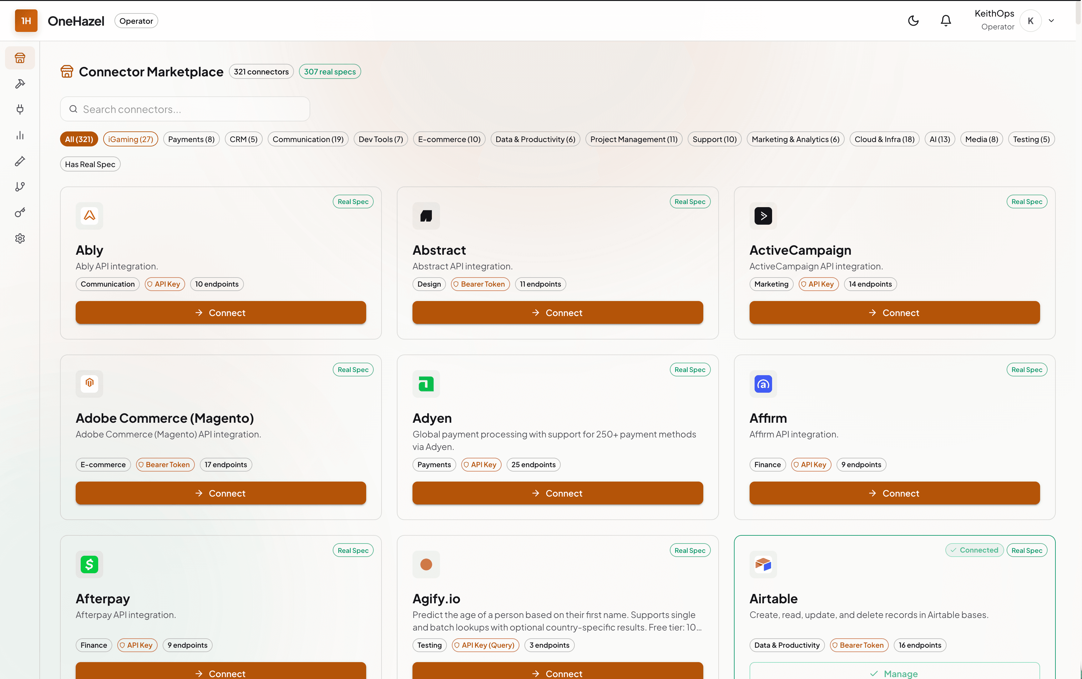 OneHazel connector marketplace — 305 live connectors with category filters