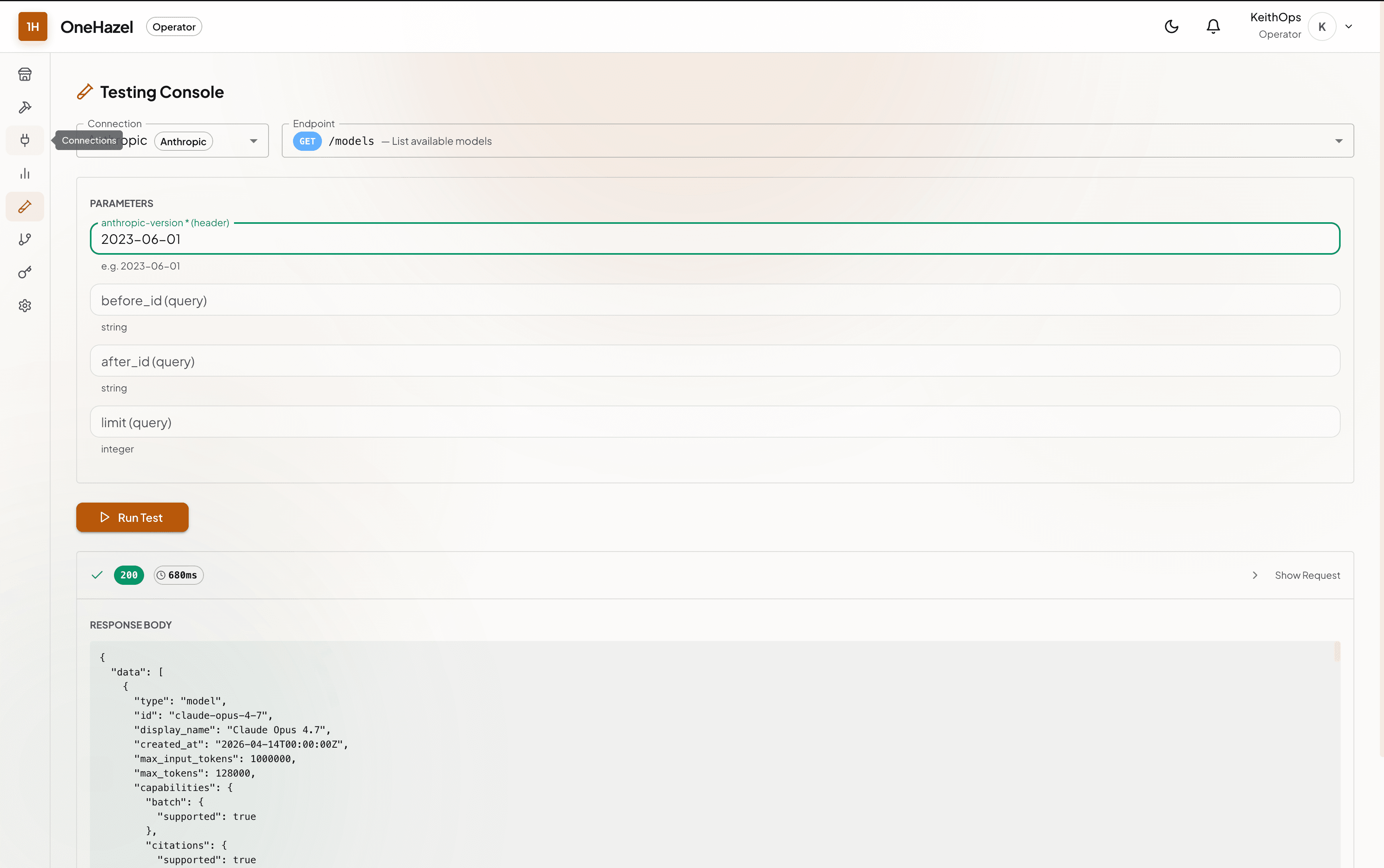 OneHazel API testing console — firing a live Anthropic endpoint call and seeing 200 OK response